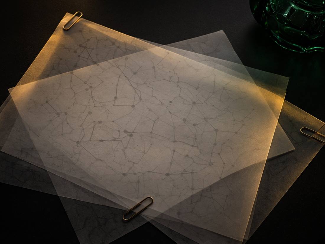 Áttetsző pauszlapok rétegei geometrikus vonalakkal, fekete asztalon